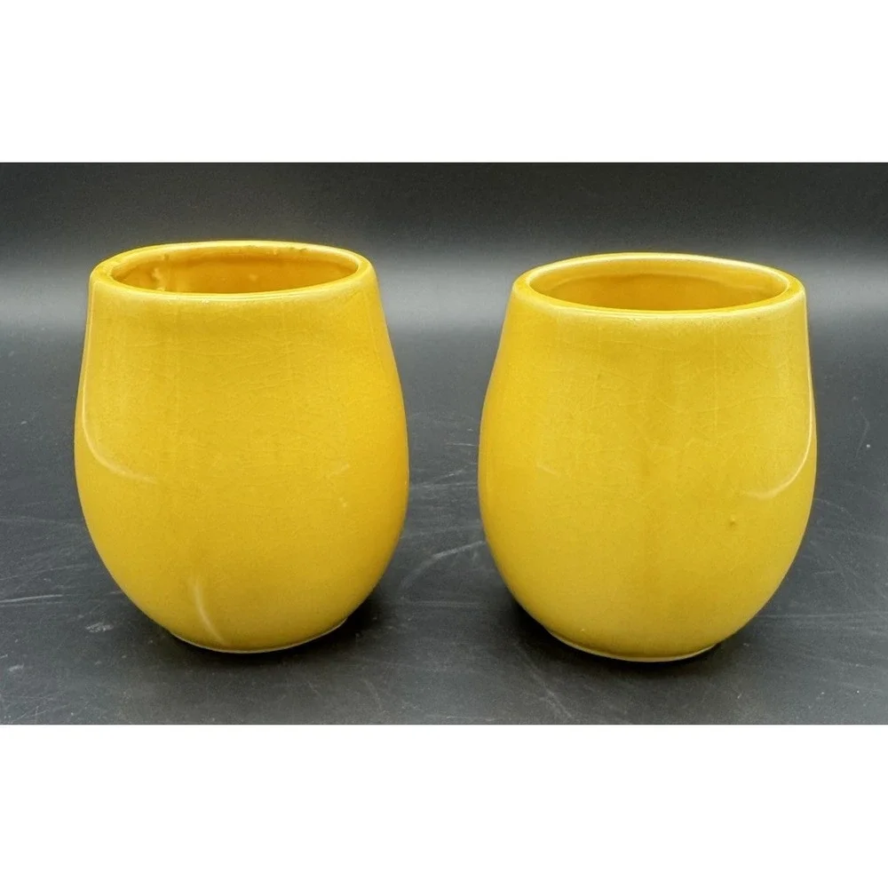 Vintage Bright Yellow Ceramic Tea Cups Set Of 8 MCM Japan Circular Handle 6-7 Oz